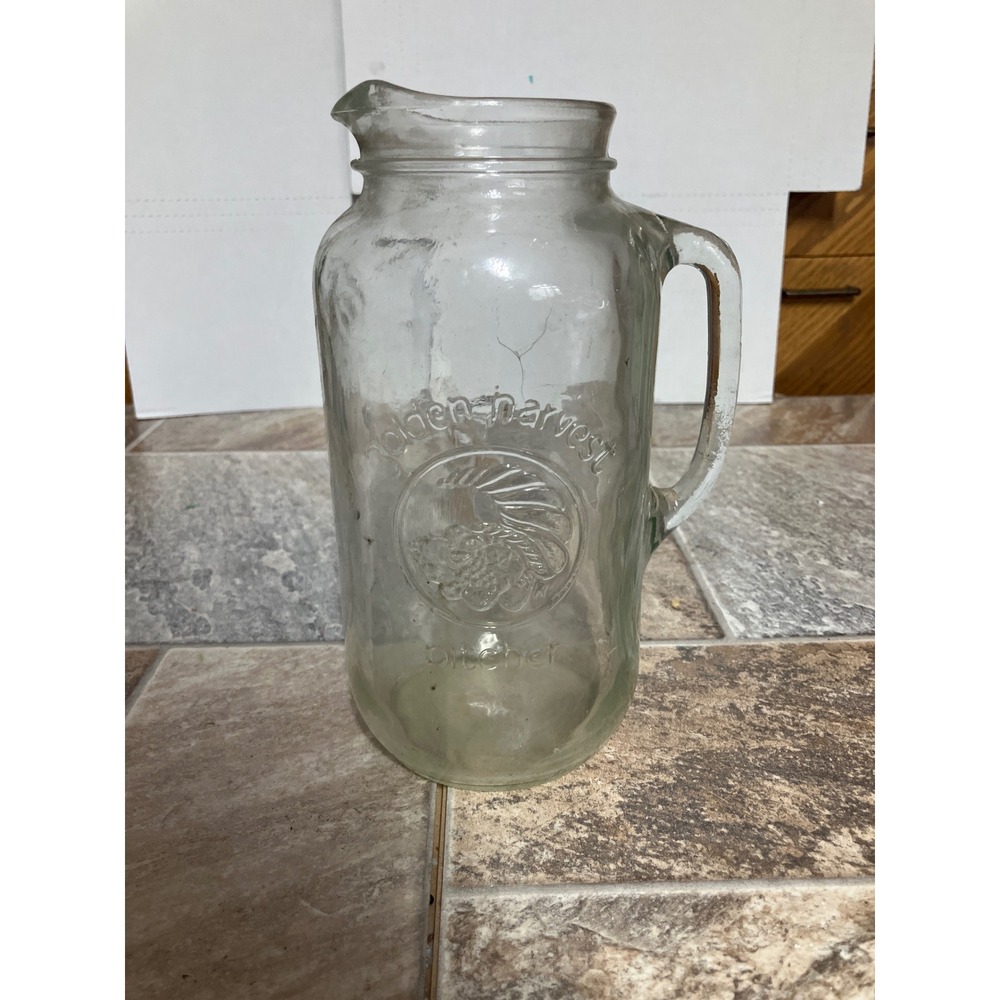 Golden Harvest Glass Pitcher 2 Quart Embossed Cornucopia Farmhouse Clear Vintage